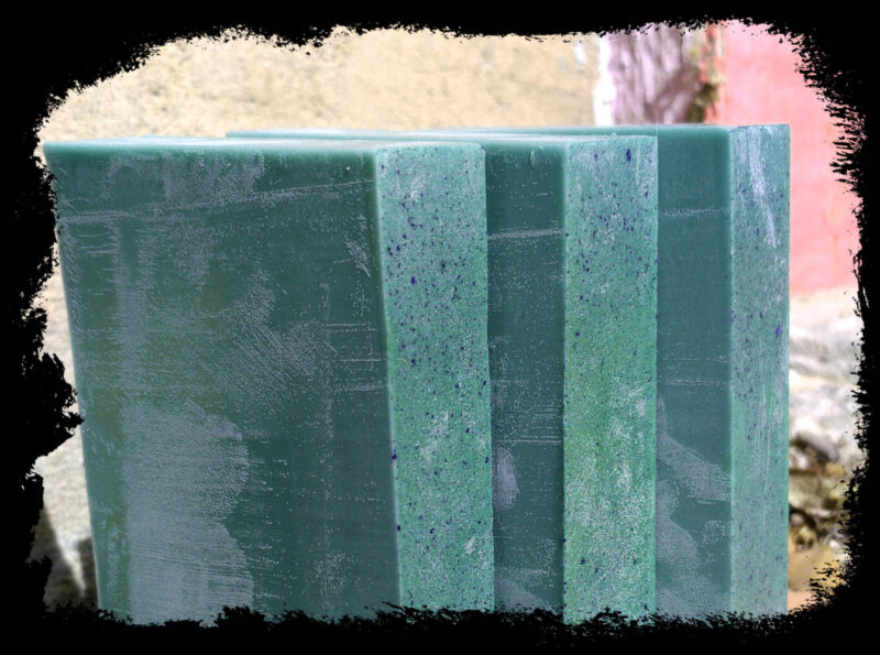 three bars of blue-green soap