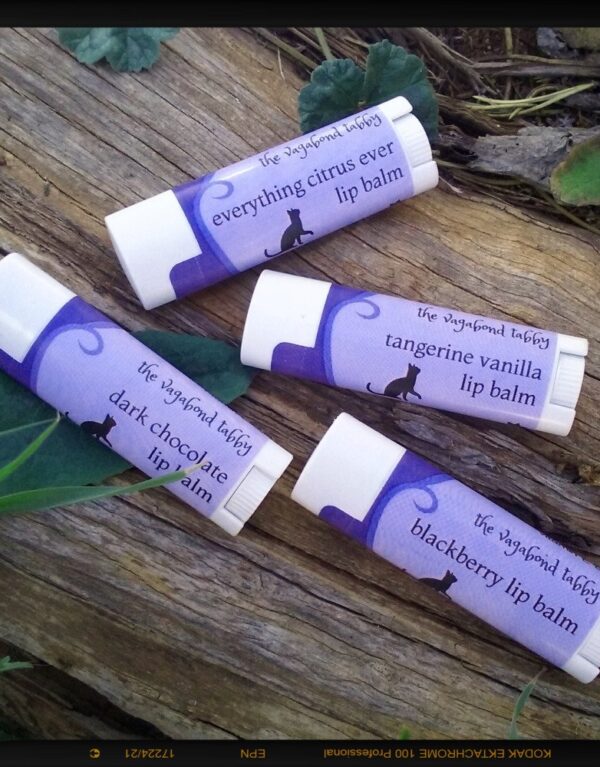 Four white lip balm tubes; the labels each name a different flavor.