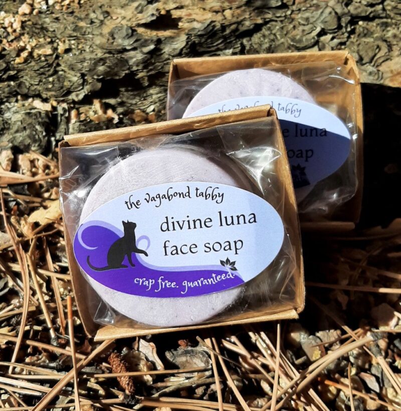 Two round bars of pink soap, each encased in compostable plastic. The labels say "divine luna face soap".