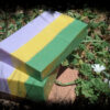 Two bars of soap, each colored in three layers: purple, yellow, and green.