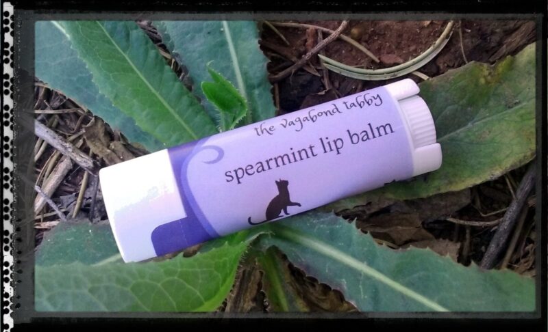 A white lip balm tube; the label says 'spearmint'.