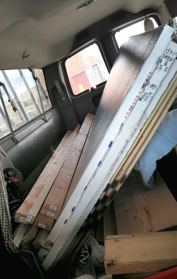 All the stuff that was on the cart, but this time wedged into the back of my van, at a jaunty angle. But hey, the back doors are actually closed!