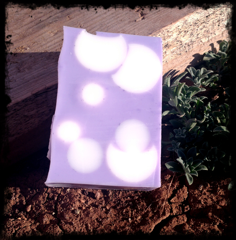 A single bar of soap, purple embedded with white spheres.