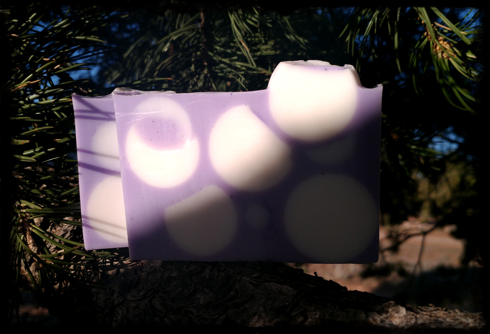 Two bars of soap, purple embedded with white spheres.