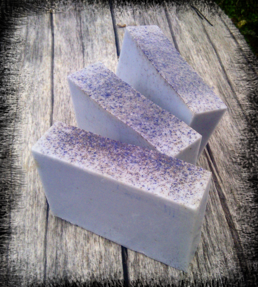 Three bars of grey-blue soap.